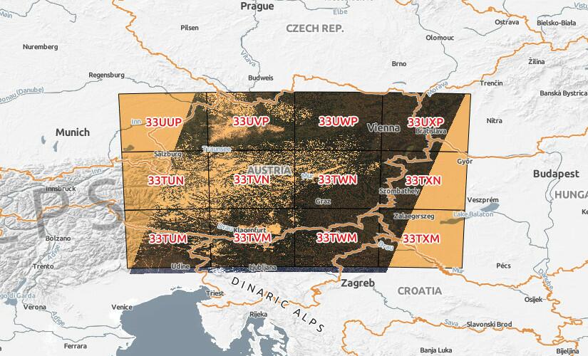 Sentinel-2 Vienna image and MGRS tiles